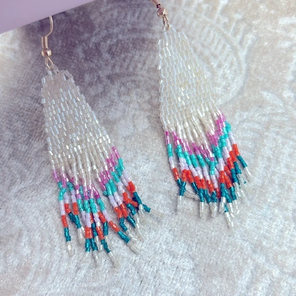 Brand New I Am Colorful Lightweight Glass Seed Beaded Drop Earrings Tribal Aztec
